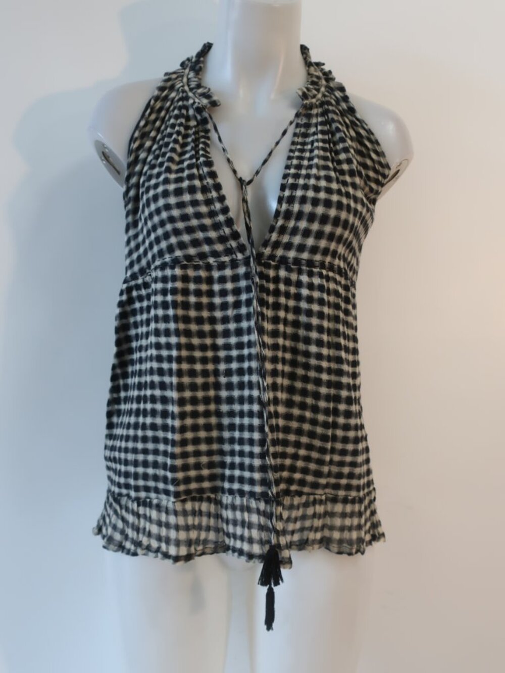 Womens Christophe Sauvat Black Taupe (Item- 66) V-Neck Check Tassel Tie Top S
